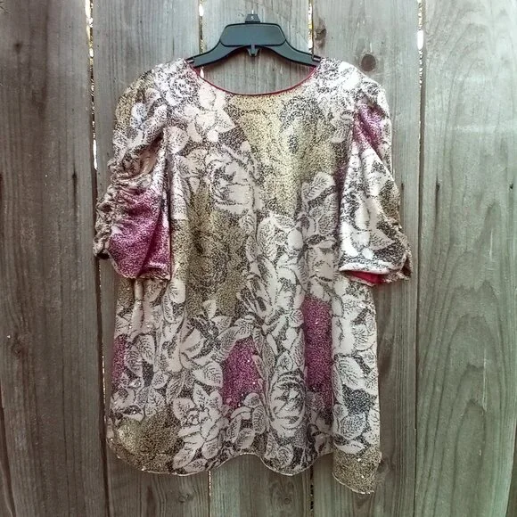 Anthropologie Top Womens Sz 18W Pink Marie Sequin Puff Sleeve Blouse New Floral - Picture 2 of 16